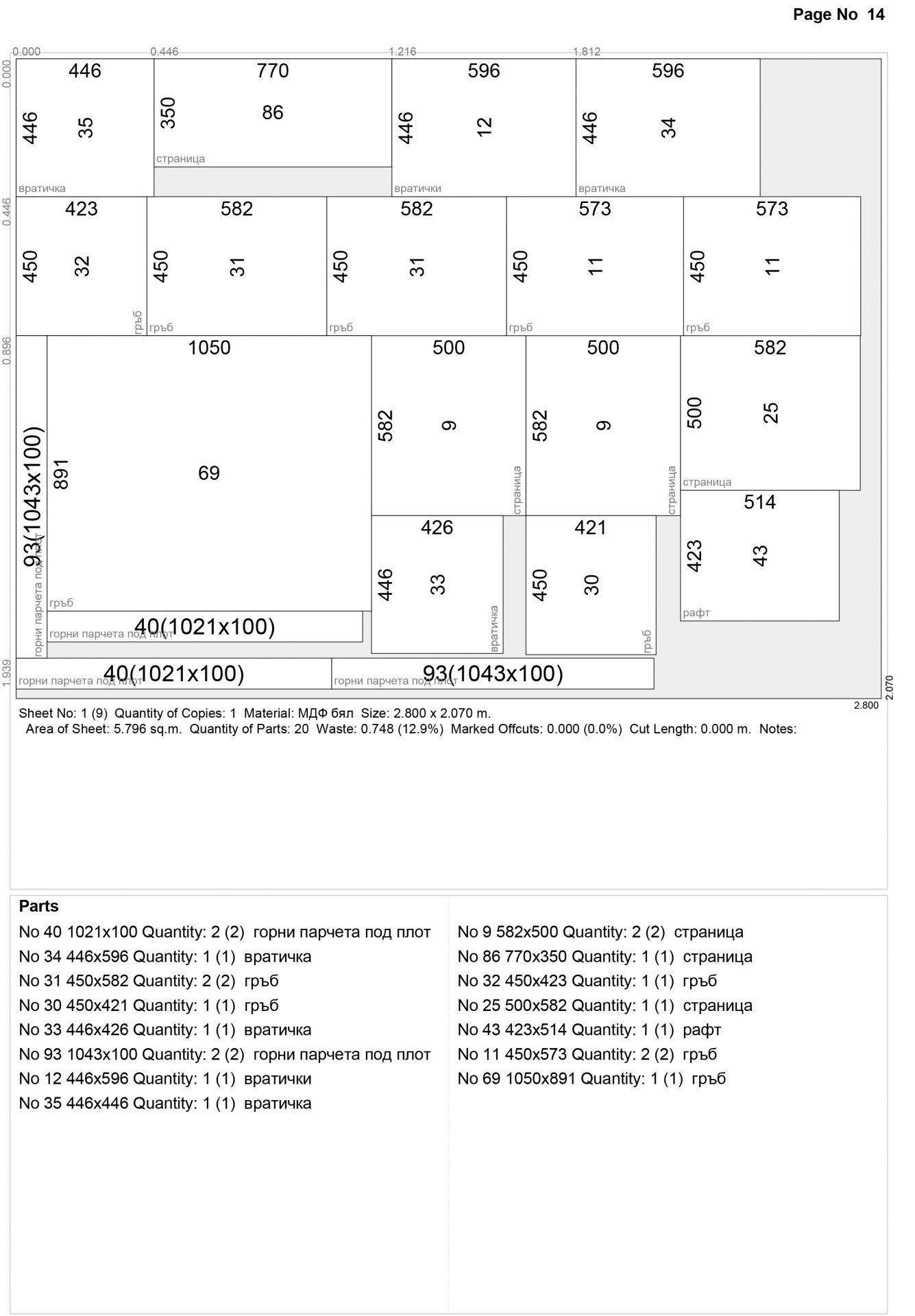 Разкрой 13 от проект на мебели "Кухня - корпусни мебели"